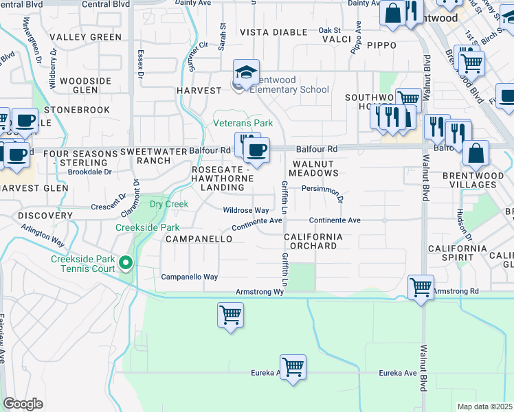 map of restaurants, bars, coffee shops, grocery stores, and more near 178 Laurian Court in Brentwood