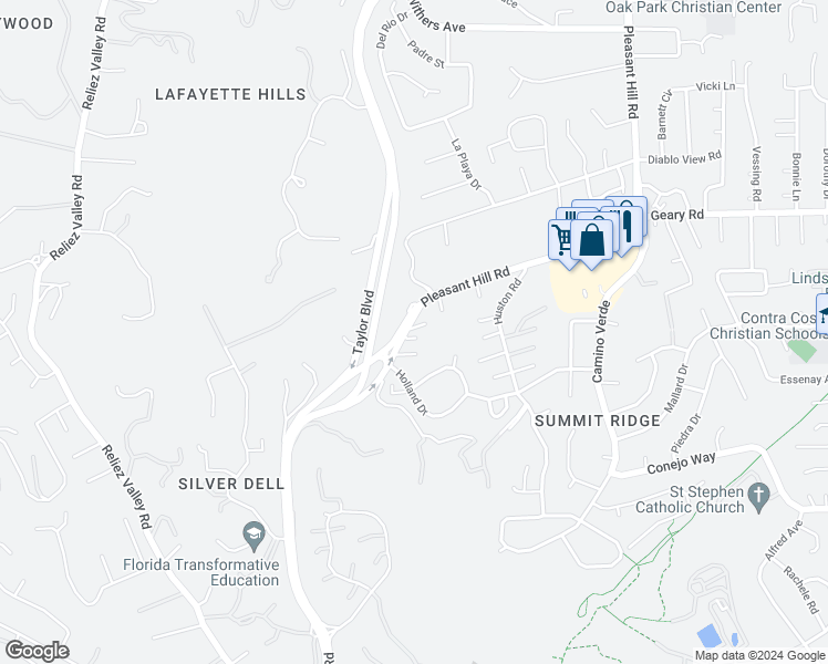 map of restaurants, bars, coffee shops, grocery stores, and more near 1536 Pleasant Hill Road in Lafayette