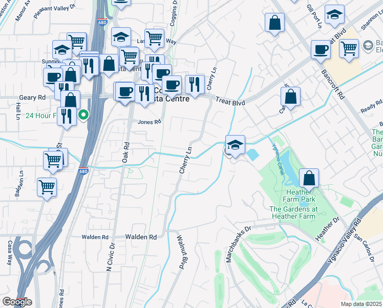 map of restaurants, bars, coffee shops, grocery stores, and more near 2700 Cherry Lane in Walnut Creek