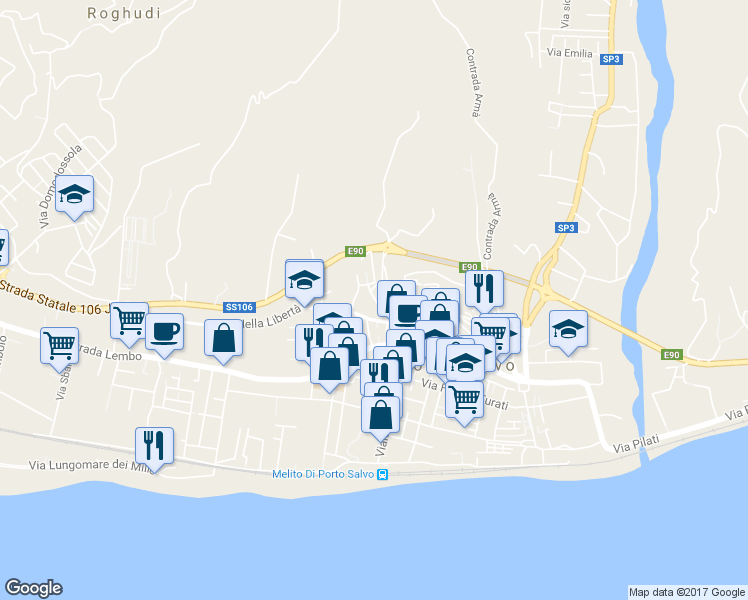 map of restaurants, bars, coffee shops, grocery stores, and more near 30 Via Stadio in Melito di Porto Salvo
