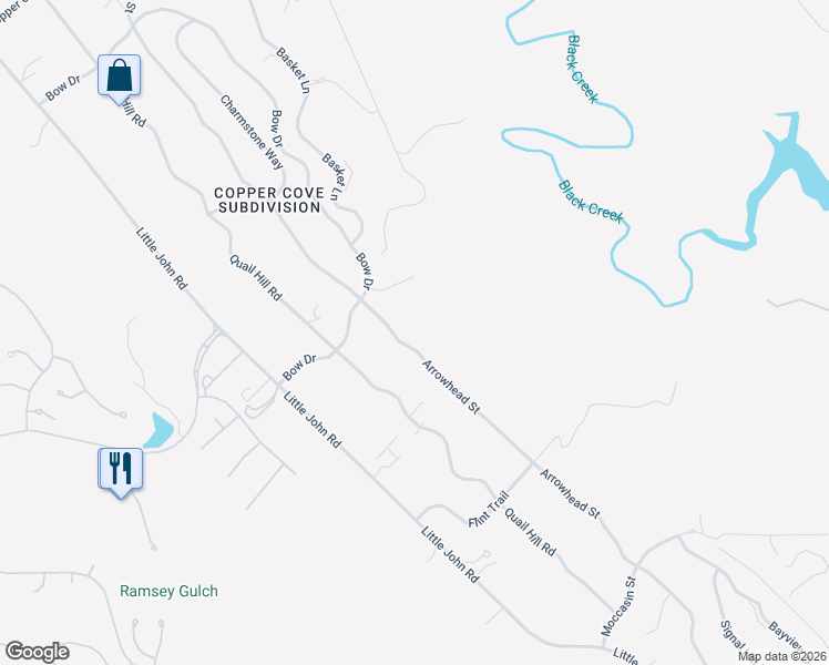 map of restaurants, bars, coffee shops, grocery stores, and more near 2899 Arrowhead Street in Copperopolis