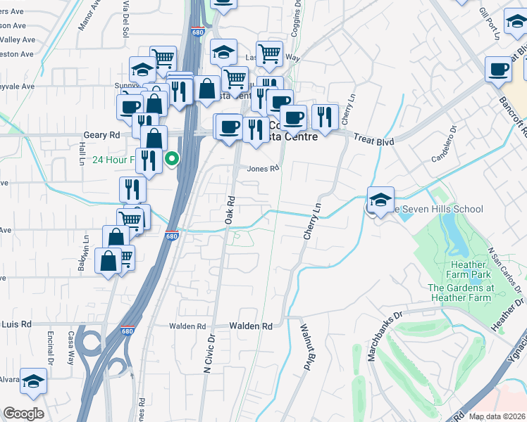 map of restaurants, bars, coffee shops, grocery stores, and more near 2720 Oak Road in Walnut Creek