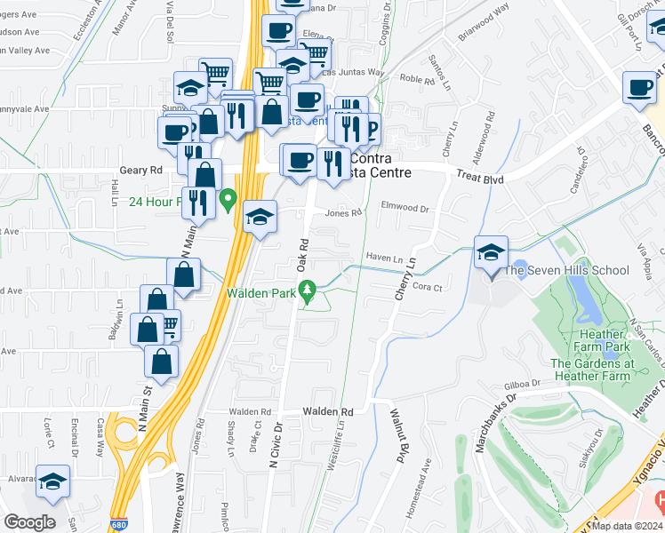 map of restaurants, bars, coffee shops, grocery stores, and more near 2716 Oak Road in Walnut Creek