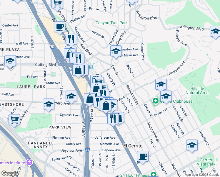 map of restaurants, bars, coffee shops, grocery stores, and more near 1716 Lexington Avenue in El Cerrito