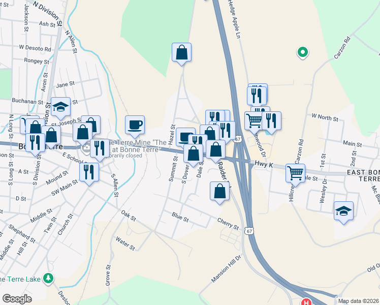 map of restaurants, bars, coffee shops, grocery stores, and more near 706 Benham Street in Bonne Terre