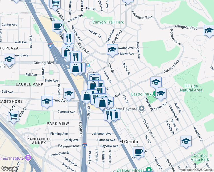 map of restaurants, bars, coffee shops, grocery stores, and more near 1704 Lexington Avenue in El Cerrito