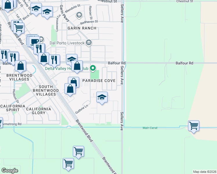 map of restaurants, bars, coffee shops, grocery stores, and more near 80 Guise Way in Brentwood
