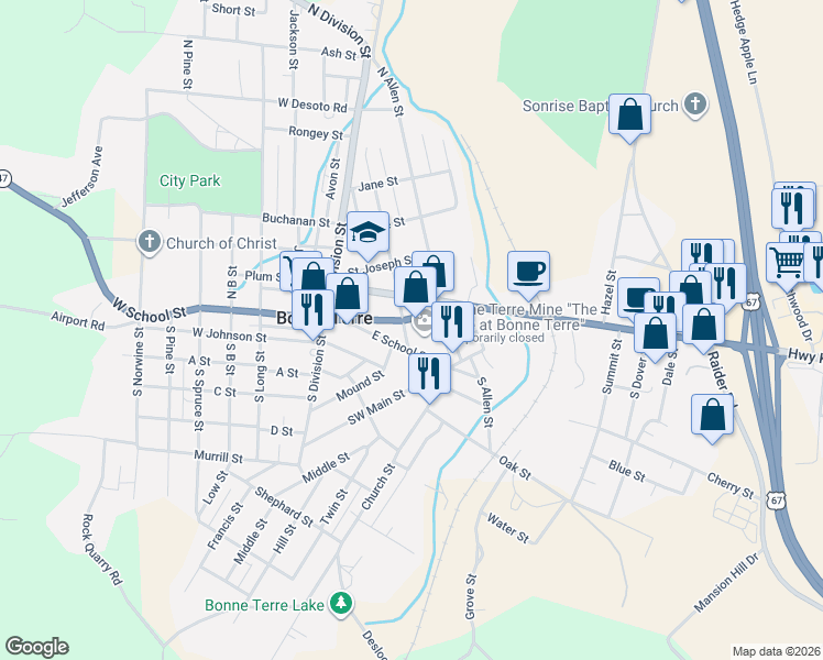 map of restaurants, bars, coffee shops, grocery stores, and more near 109 Park Avenue in Bonne Terre