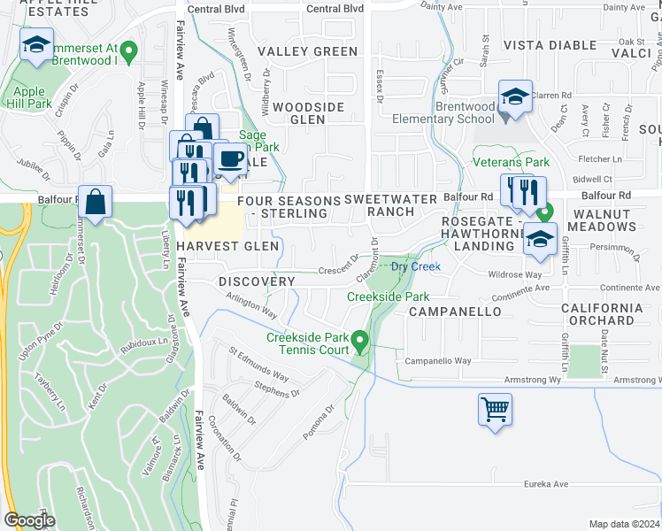 map of restaurants, bars, coffee shops, grocery stores, and more near 1095 Crescent Drive in Brentwood