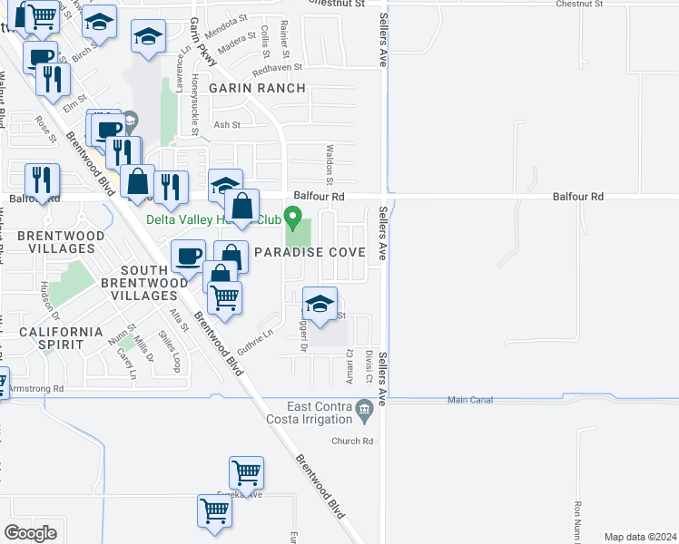 map of restaurants, bars, coffee shops, grocery stores, and more near 80 Guise Way in Brentwood