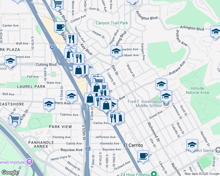 map of restaurants, bars, coffee shops, grocery stores, and more near 1708 Lexington Avenue in El Cerrito