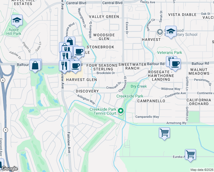map of restaurants, bars, coffee shops, grocery stores, and more near 175 Starview Court in Brentwood