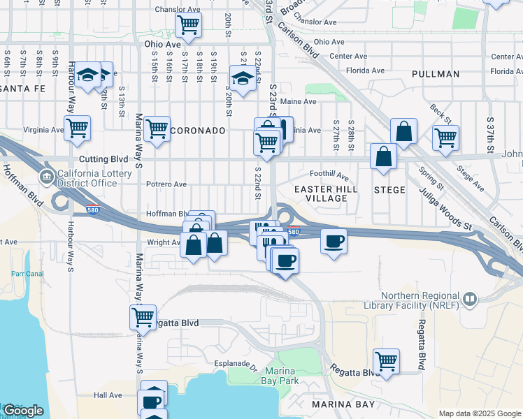 map of restaurants, bars, coffee shops, grocery stores, and more near 651 South 22nd Street in Richmond
