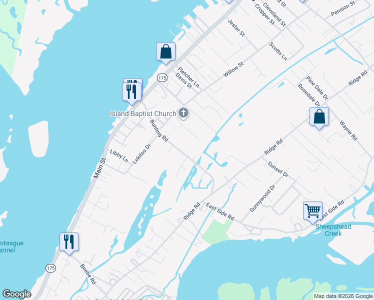 map of restaurants, bars, coffee shops, grocery stores, and more near 7179 Bunting Road in Chincoteague Island