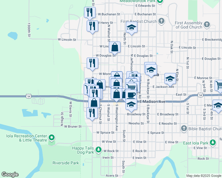 map of restaurants, bars, coffee shops, grocery stores, and more near 101-199 W Jackson Ave in Iola