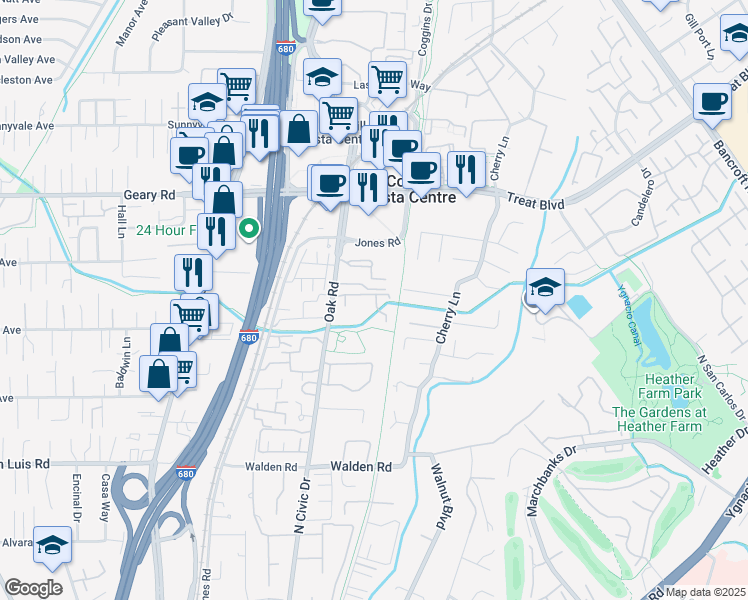 map of restaurants, bars, coffee shops, grocery stores, and more near 2716 Oak Road in Walnut Creek