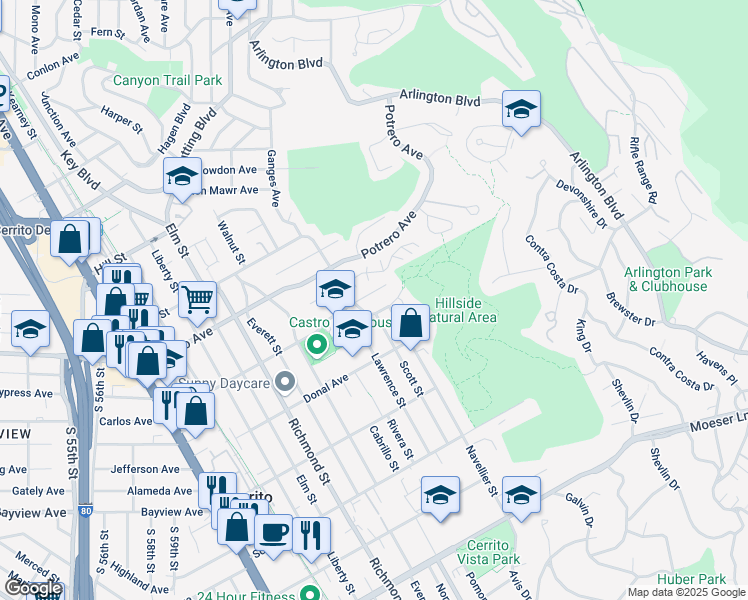 map of restaurants, bars, coffee shops, grocery stores, and more near 7305 Gladys Avenue in El Cerrito