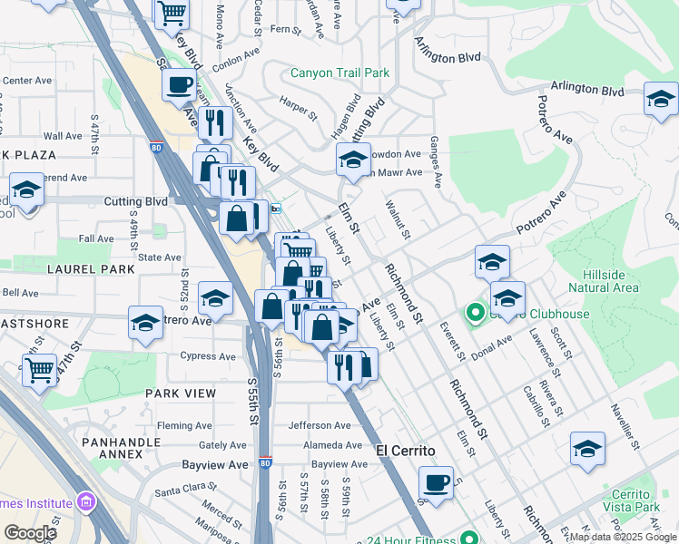map of restaurants, bars, coffee shops, grocery stores, and more near 1716 Lexington Avenue in El Cerrito