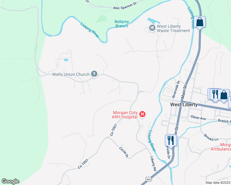 map of restaurants, bars, coffee shops, grocery stores, and more near 915 Liberty Road in West Liberty