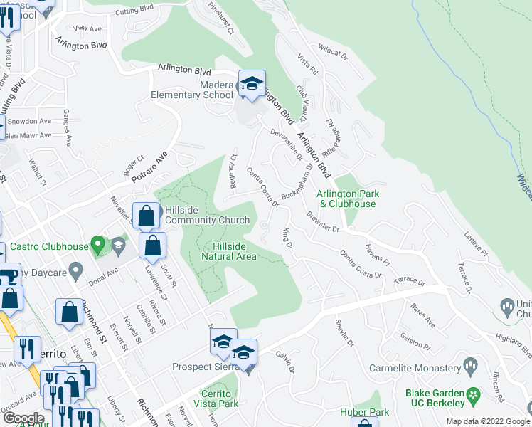map of restaurants, bars, coffee shops, grocery stores, and more near 8320 Buckingham Dr in El Cerrito