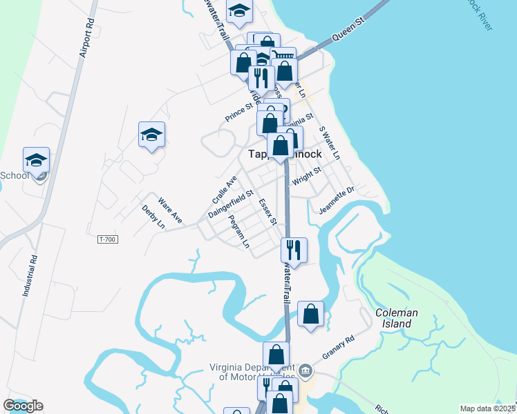 map of restaurants, bars, coffee shops, grocery stores, and more near 723 Essex Street in Tappahannock
