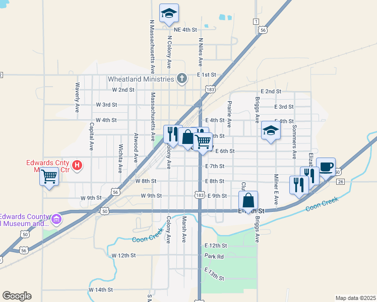 map of restaurants, bars, coffee shops, grocery stores, and more near 222 East 6th Street in Kinsley