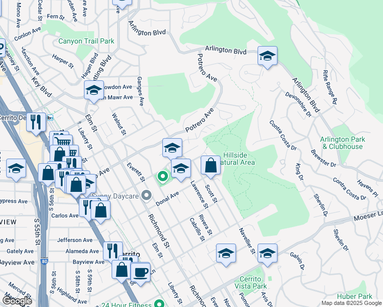 map of restaurants, bars, coffee shops, grocery stores, and more near 7305 Gladys Avenue in El Cerrito