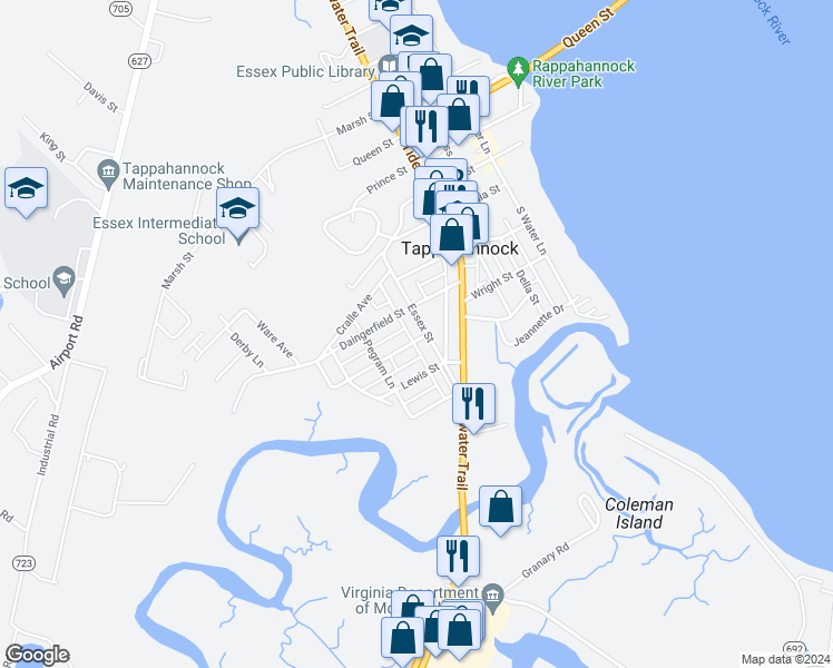 map of restaurants, bars, coffee shops, grocery stores, and more near 723 Essex Street in Tappahannock