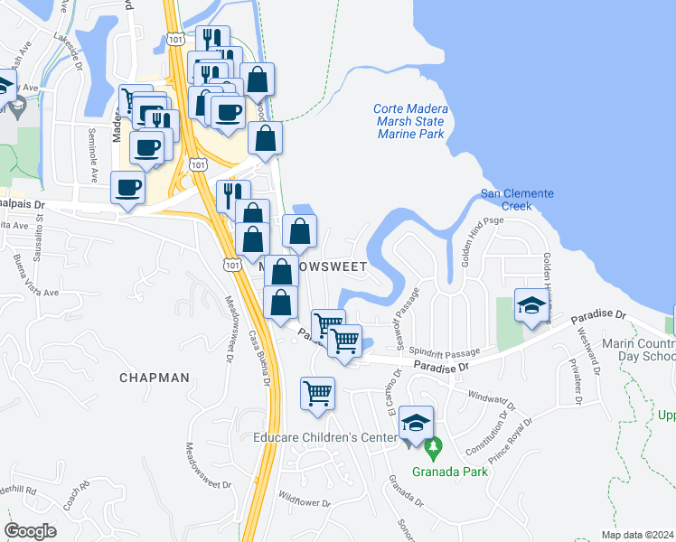 map of restaurants, bars, coffee shops, grocery stores, and more near 6 Edgemar Way in Corte Madera