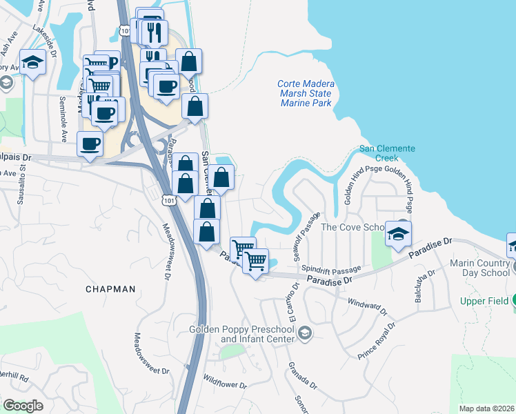 map of restaurants, bars, coffee shops, grocery stores, and more near 118 Yolo Street in Corte Madera