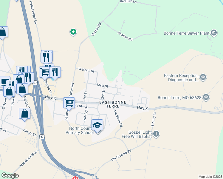 map of restaurants, bars, coffee shops, grocery stores, and more near 2452 Main Street in Bonne Terre