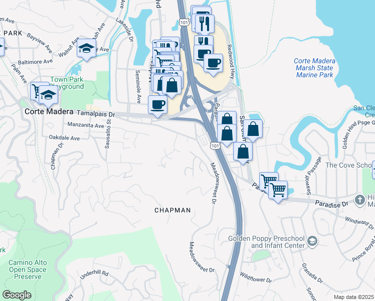 map of restaurants, bars, coffee shops, grocery stores, and more near 35 Deer Run in Corte Madera