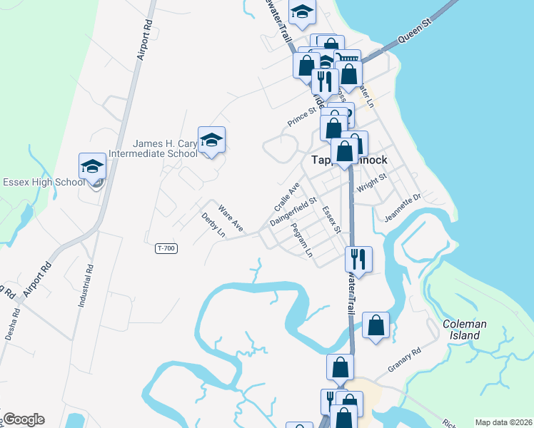 map of restaurants, bars, coffee shops, grocery stores, and more near 725 Cralle Avenue in Tappahannock