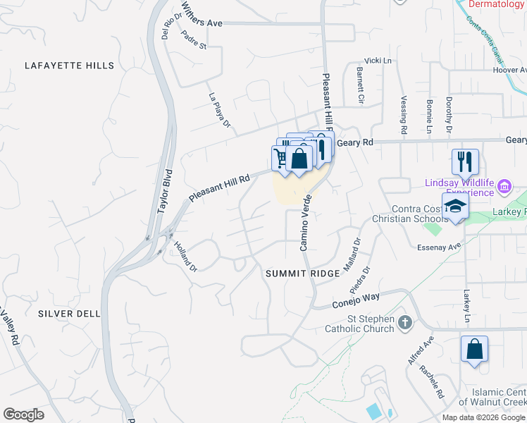 map of restaurants, bars, coffee shops, grocery stores, and more near 34 Sunrise Lane in Lafayette