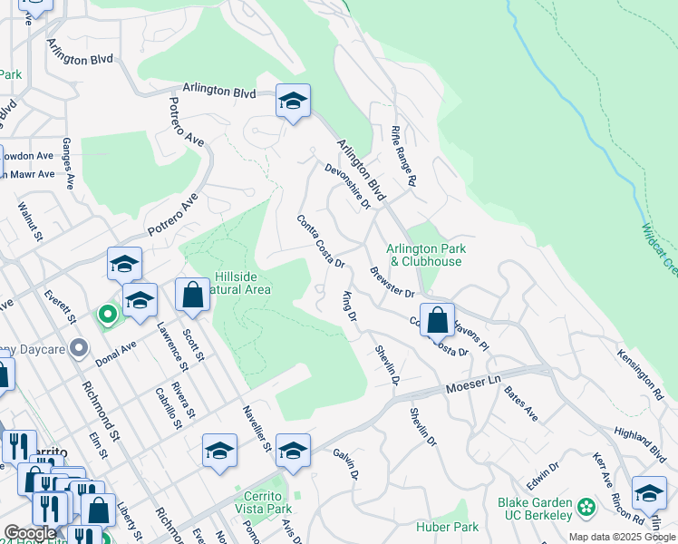 map of restaurants, bars, coffee shops, grocery stores, and more near 1261 Contra Costa Drive in El Cerrito