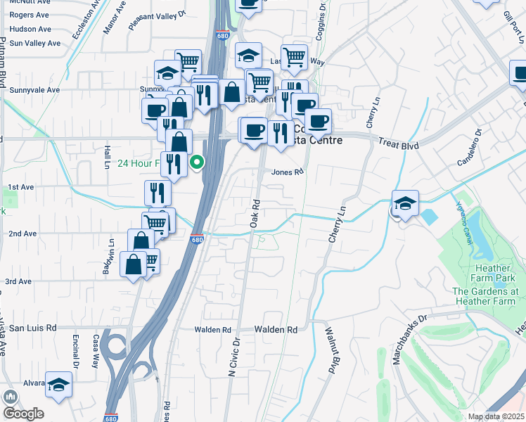 map of restaurants, bars, coffee shops, grocery stores, and more near in Walnut Creek
