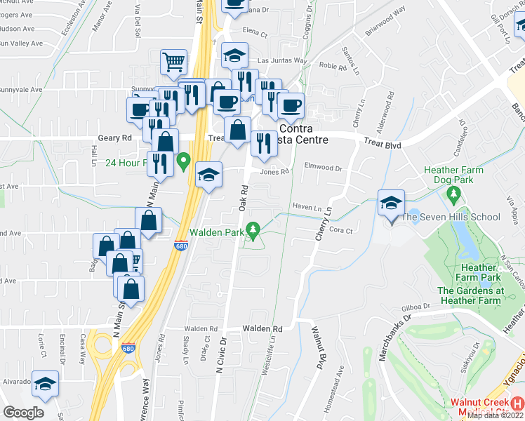 map of restaurants, bars, coffee shops, grocery stores, and more near 2716 Oak Road in Walnut Creek