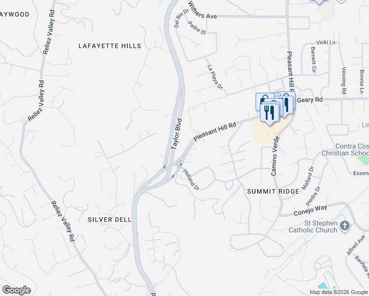 map of restaurants, bars, coffee shops, grocery stores, and more near 1527 Pleasant Hill Road in Lafayette