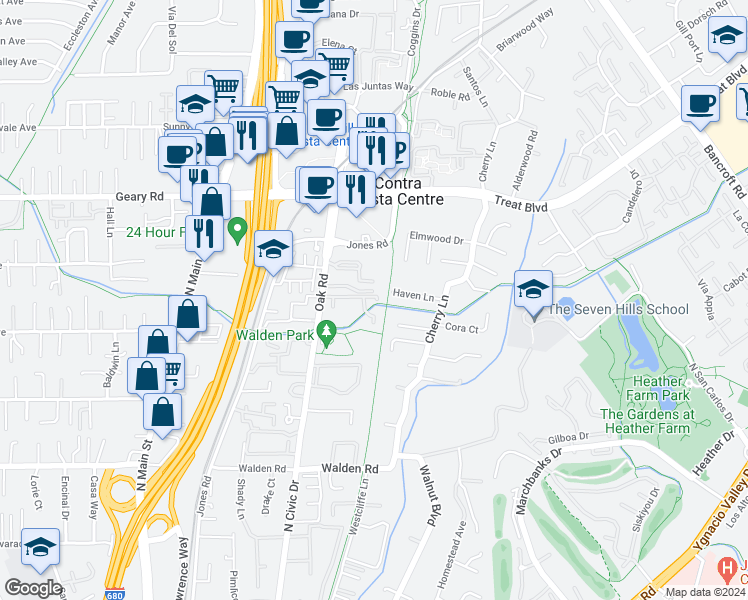 map of restaurants, bars, coffee shops, grocery stores, and more near 2720 Oak Road in Walnut Creek