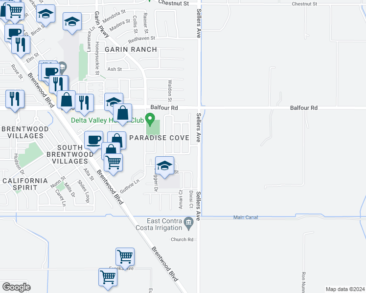 map of restaurants, bars, coffee shops, grocery stores, and more near 100 Heritage Way in Brentwood