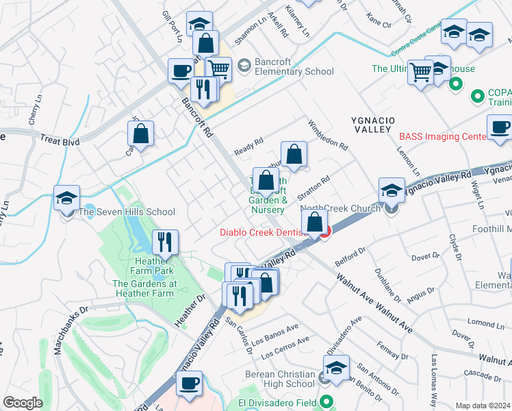 map of restaurants, bars, coffee shops, grocery stores, and more near 2030 Julius Court in Walnut Creek