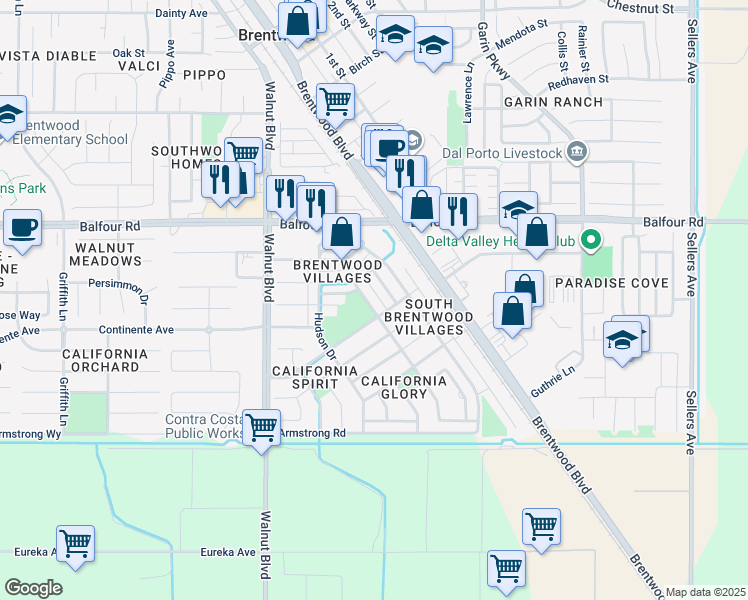 map of restaurants, bars, coffee shops, grocery stores, and more near 3130 Mills Drive in Brentwood