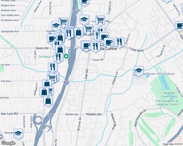 map of restaurants, bars, coffee shops, grocery stores, and more near 2716 Oak Road in Walnut Creek