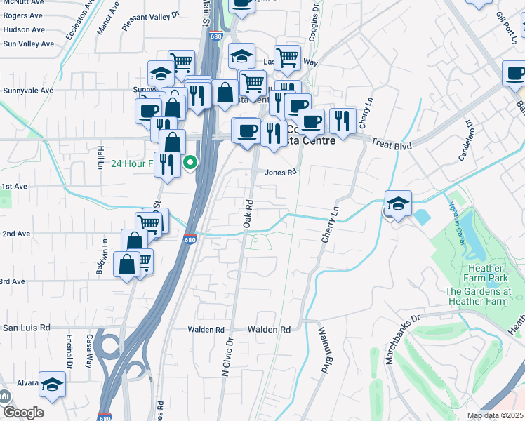 map of restaurants, bars, coffee shops, grocery stores, and more near in Walnut Creek