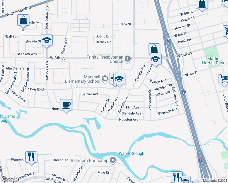 map of restaurants, bars, coffee shops, grocery stores, and more near 1026 Lever Boulevard in Stockton