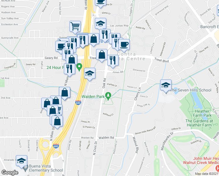 map of restaurants, bars, coffee shops, grocery stores, and more near 2716 Oak Road in Walnut Creek
