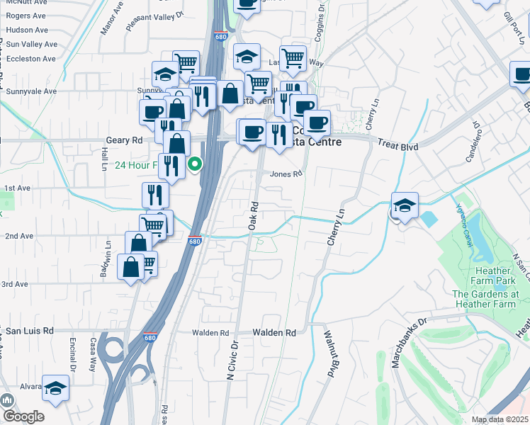 map of restaurants, bars, coffee shops, grocery stores, and more near 302 Parnell Court in Walnut Creek