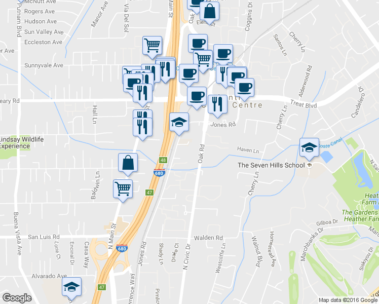 map of restaurants, bars, coffee shops, grocery stores, and more near 2723 Oak Road in Walnut Creek