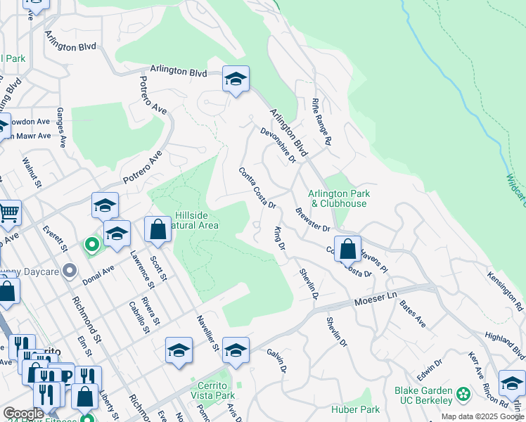 map of restaurants, bars, coffee shops, grocery stores, and more near 1261 Contra Costa Drive in El Cerrito
