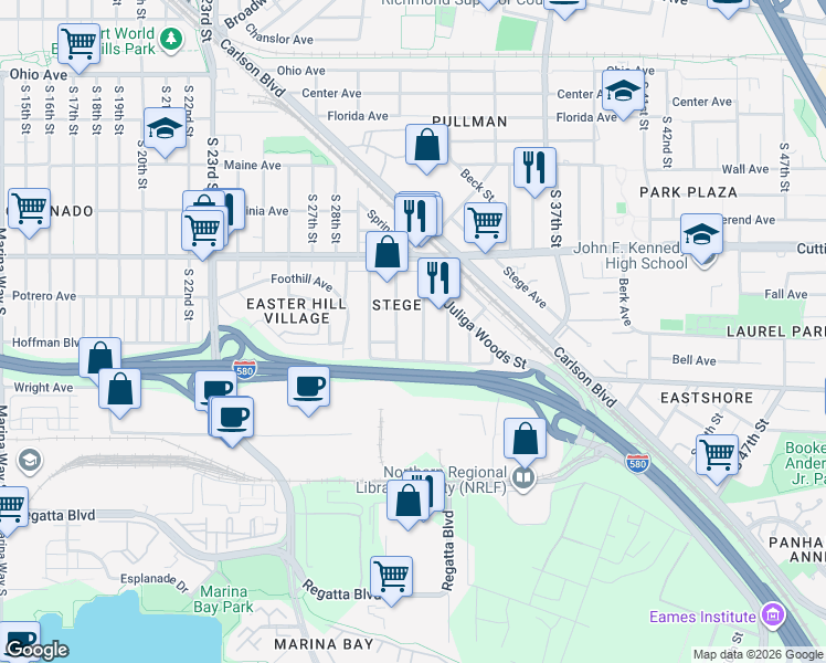 map of restaurants, bars, coffee shops, grocery stores, and more near 0 23rd Street in Richmond